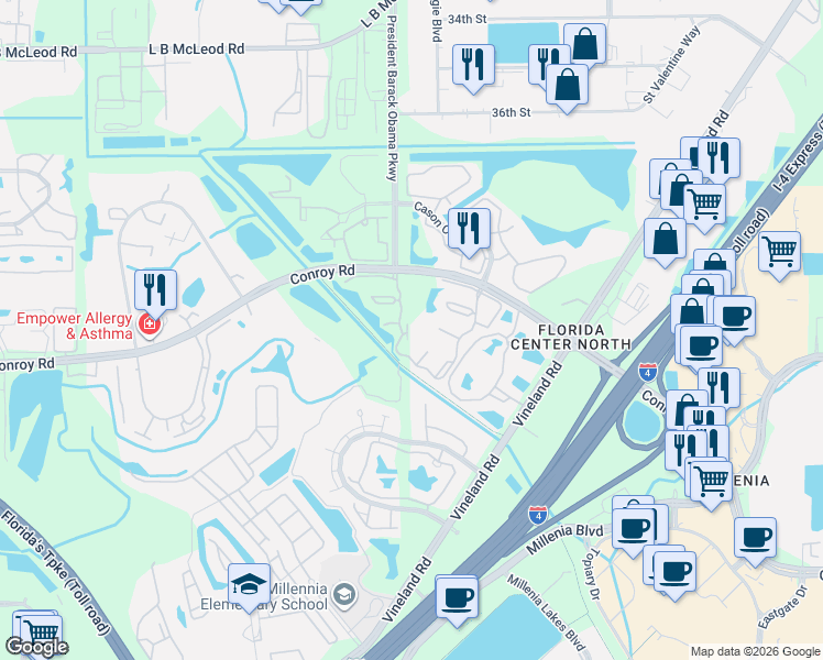 map of restaurants, bars, coffee shops, grocery stores, and more near 4801 Brighton Terrace in Orlando