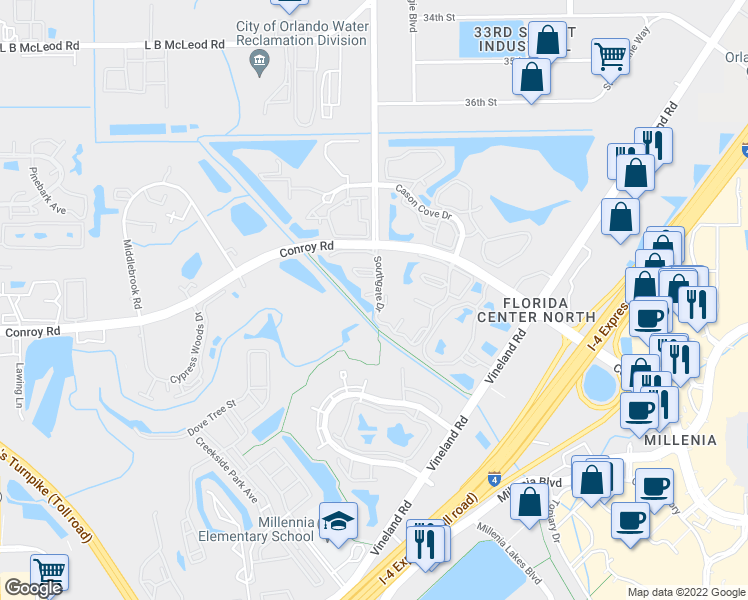 map of restaurants, bars, coffee shops, grocery stores, and more near 4801 Brighton Terrace in Orlando