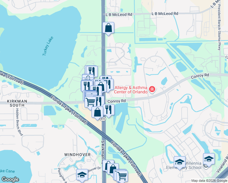 map of restaurants, bars, coffee shops, grocery stores, and more near 4607 South Kirkman Road in Orlando