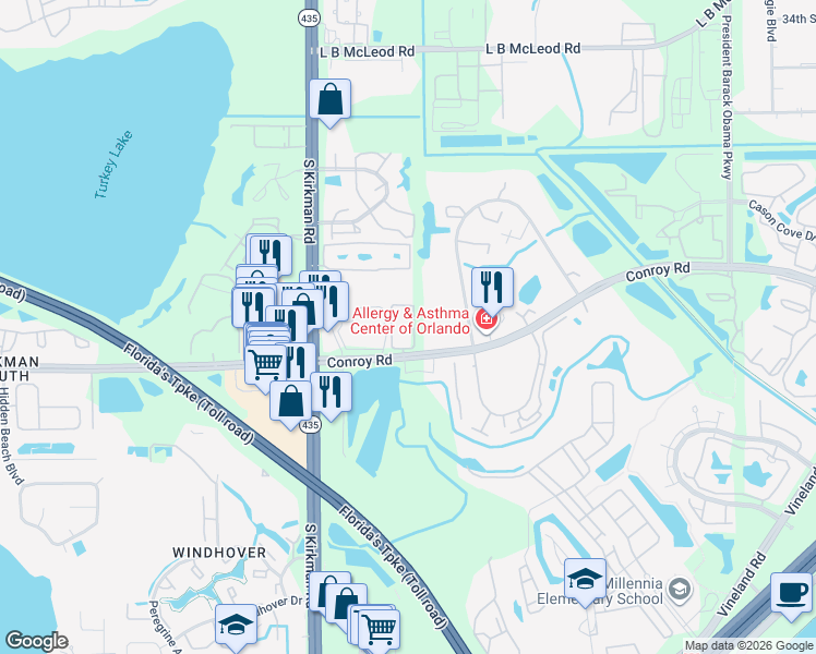map of restaurants, bars, coffee shops, grocery stores, and more near 5501 Conroy Road in Orlando