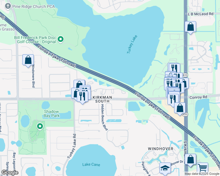 map of restaurants, bars, coffee shops, grocery stores, and more near 6389 Conroy Windermere Road in Orlando