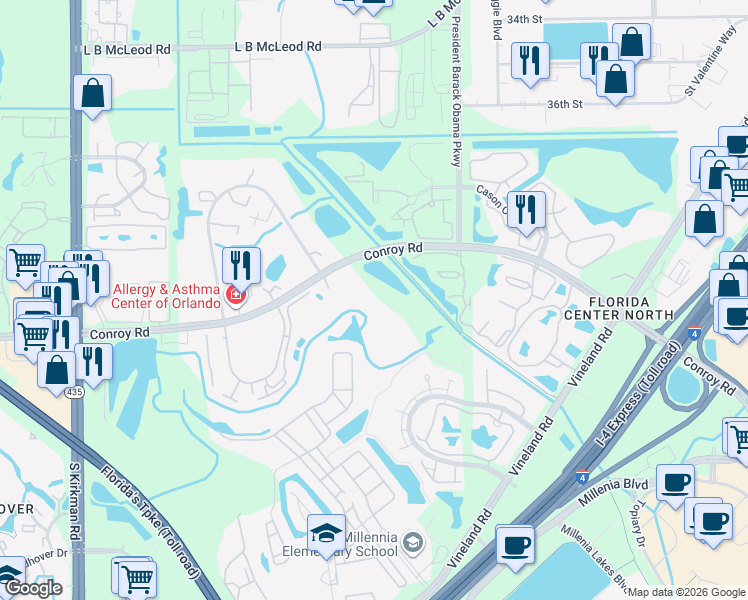 map of restaurants, bars, coffee shops, grocery stores, and more near 5120 Conroy Road in Orlando