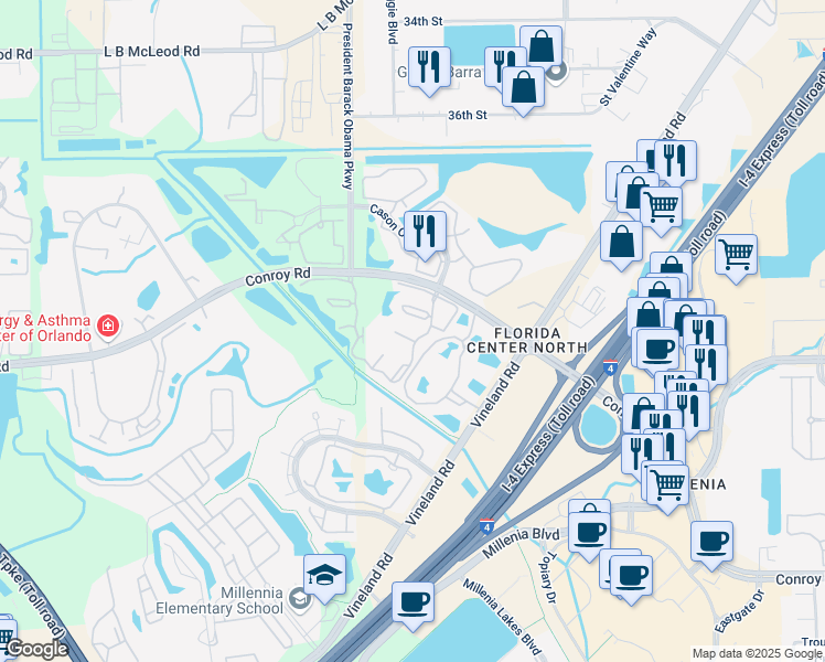map of restaurants, bars, coffee shops, grocery stores, and more near 4753 Chevy Place in Orlando