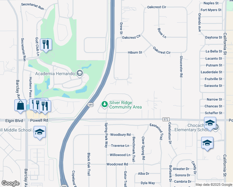 map of restaurants, bars, coffee shops, grocery stores, and more near 15559 Durango Circle in Brooksville