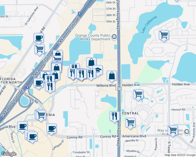 map of restaurants, bars, coffee shops, grocery stores, and more near 3515 Gardens Ridge Way in Orlando