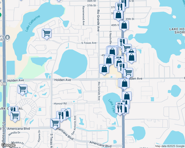 map of restaurants, bars, coffee shops, grocery stores, and more near 1717 Holden Avenue in Orlando