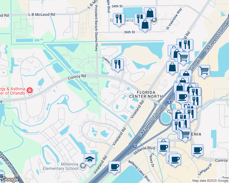 map of restaurants, bars, coffee shops, grocery stores, and more near 4753 Chevy Place in Orlando