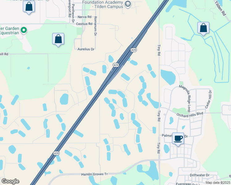 map of restaurants, bars, coffee shops, grocery stores, and more near Daniel Webster Western Beltway in Winter Garden