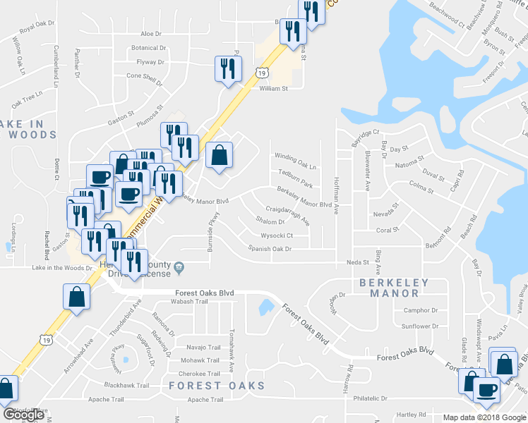 map of restaurants, bars, coffee shops, grocery stores, and more near 4377 Craigdarragh Avenue in Spring Hill