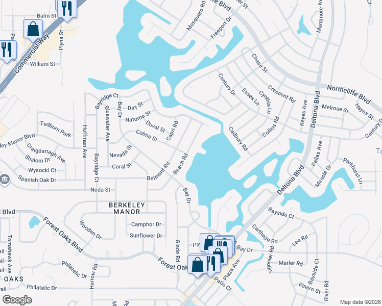 map of restaurants, bars, coffee shops, grocery stores, and more near 9014 Beach Road in Spring Hill