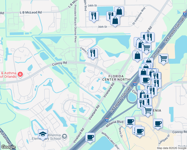 map of restaurants, bars, coffee shops, grocery stores, and more near 4753 Chevy Place in Orlando