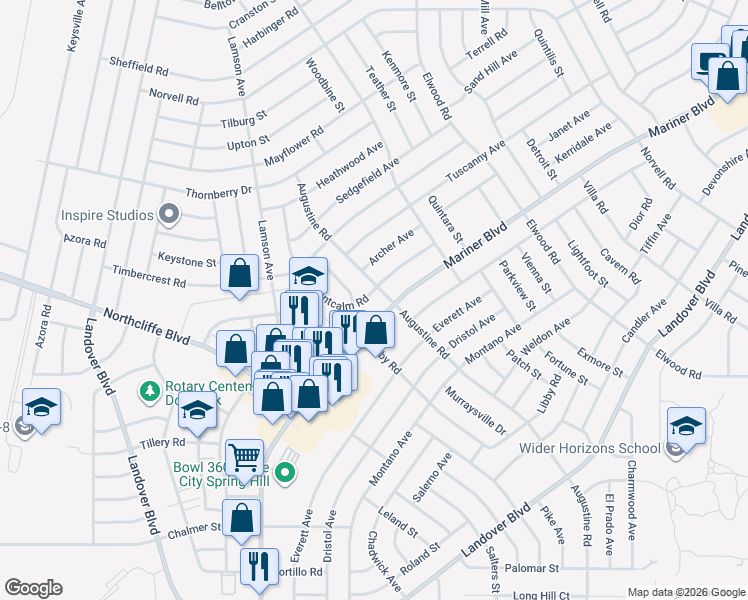 map of restaurants, bars, coffee shops, grocery stores, and more near 11230 Montcalm Road in Spring Hill