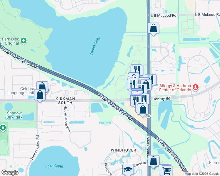 map of restaurants, bars, coffee shops, grocery stores, and more near 6030 Oakbend Street in Orlando
