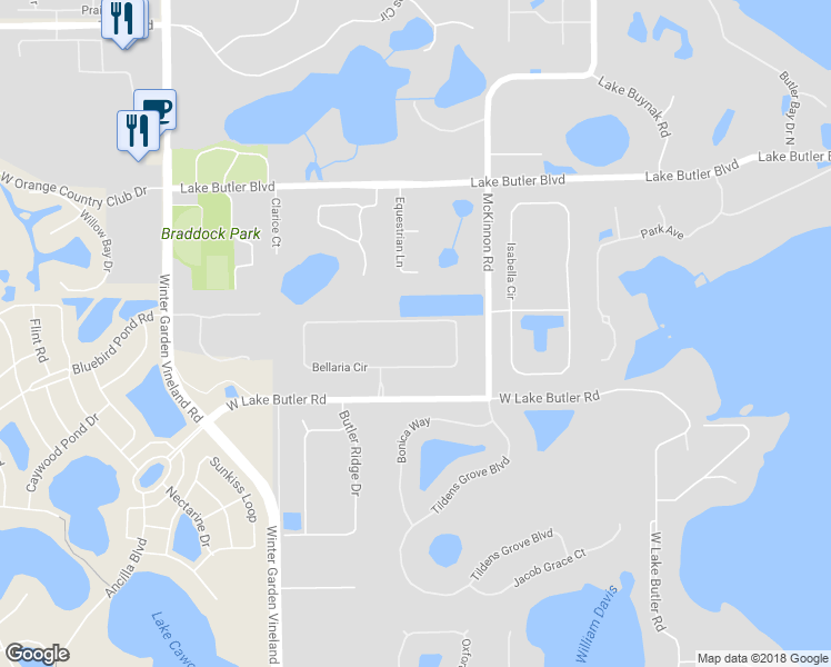 map of restaurants, bars, coffee shops, grocery stores, and more near 13250 Bellaria Circle in Windermere