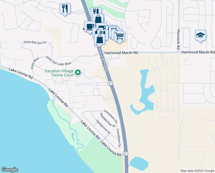 map of restaurants, bars, coffee shops, grocery stores, and more near 10201 U.S. 27 in Clermont