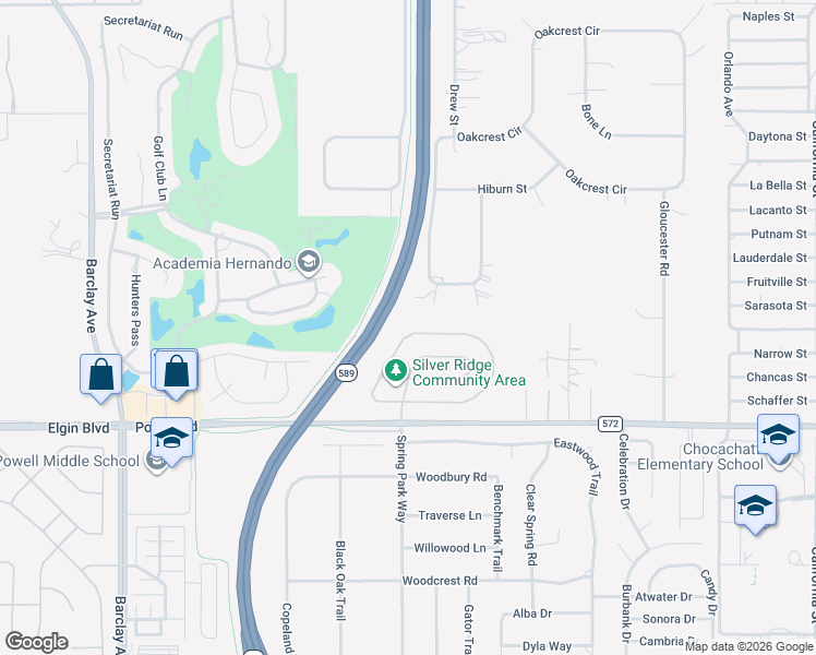 map of restaurants, bars, coffee shops, grocery stores, and more near 15612 Durango Circle in Brooksville