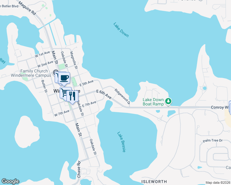 map of restaurants, bars, coffee shops, grocery stores, and more near 105 Lee Street in Windermere