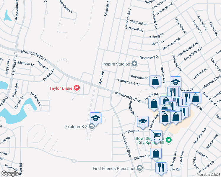 map of restaurants, bars, coffee shops, grocery stores, and more near 2548 Landover Boulevard in Spring Hill