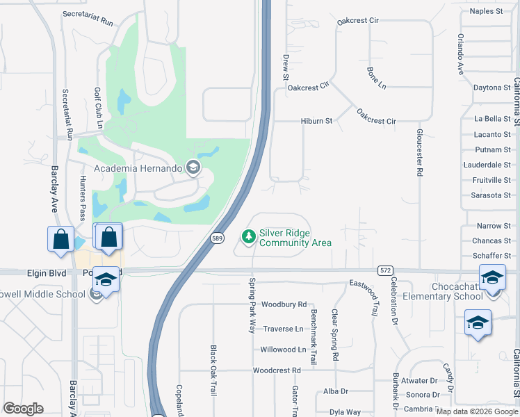 map of restaurants, bars, coffee shops, grocery stores, and more near 15612 Durango Circle in Brooksville