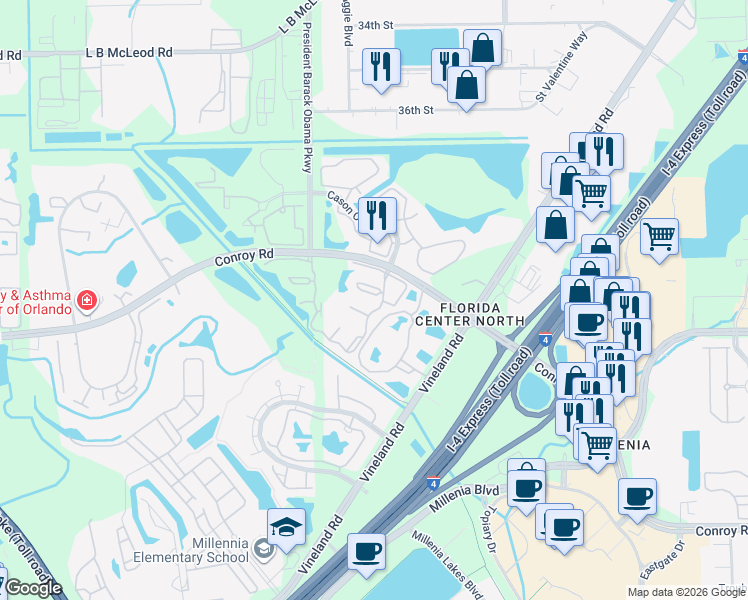 map of restaurants, bars, coffee shops, grocery stores, and more near 4753 Chevy Place in Orlando
