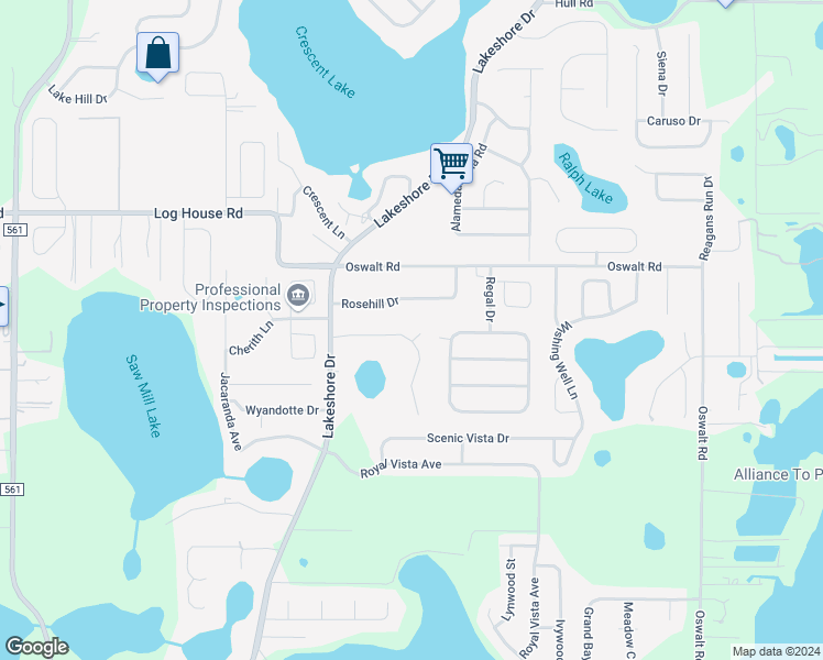 map of restaurants, bars, coffee shops, grocery stores, and more near 11117 Oakshore Lane in Clermont