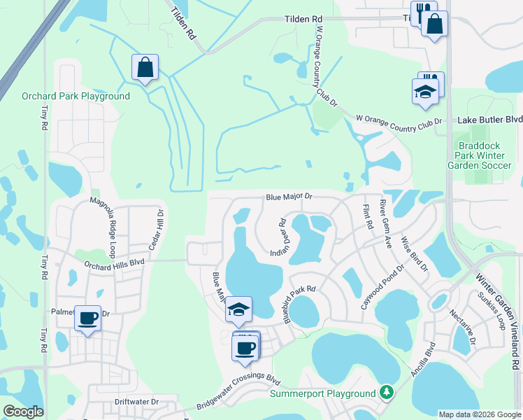 map of restaurants, bars, coffee shops, grocery stores, and more near 4326 Indian Deer Road in Windermere