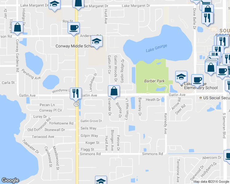 map of restaurants, bars, coffee shops, grocery stores, and more near 3416 Gatlin Place Circle in Orlando