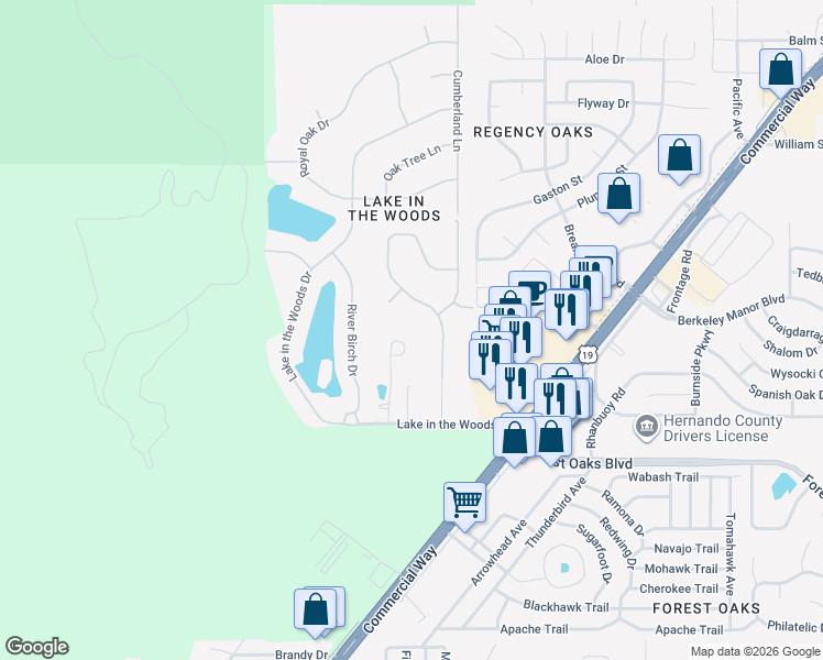 map of restaurants, bars, coffee shops, grocery stores, and more near 4289 Lordings Lane in Spring Hill