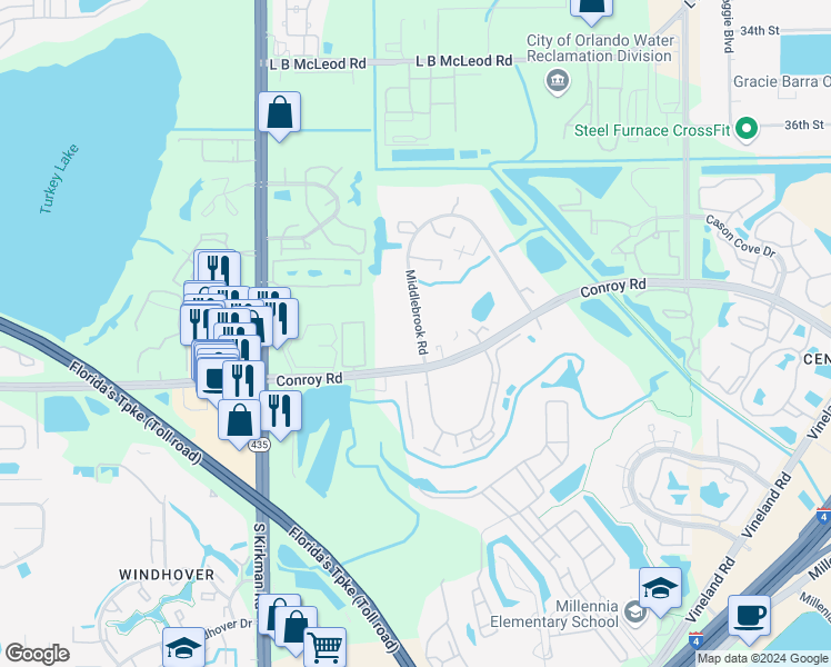 map of restaurants, bars, coffee shops, grocery stores, and more near 4646 Middlebrook Road in Orlando