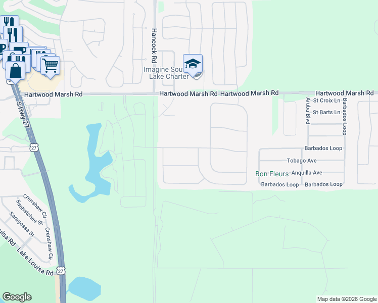 map of restaurants, bars, coffee shops, grocery stores, and more near 2735 Kingston Ridge Drive in Clermont