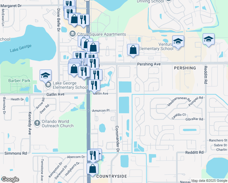 map of restaurants, bars, coffee shops, grocery stores, and more near 5785 Gatlin Avenue in Orlando