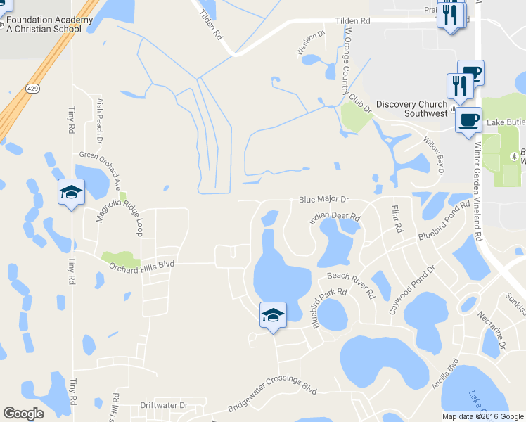 map of restaurants, bars, coffee shops, grocery stores, and more near 4480 Blue Major Drive in Windermere