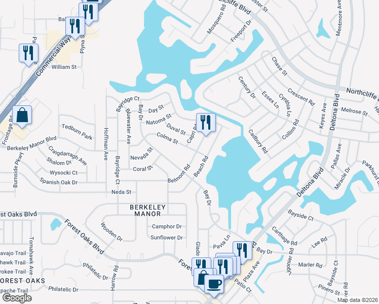map of restaurants, bars, coffee shops, grocery stores, and more near 8534 Belmont Road in Spring Hill