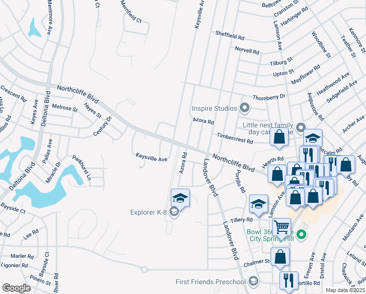 map of restaurants, bars, coffee shops, grocery stores, and more near 10284 Northcliffe Boulevard in Spring Hill