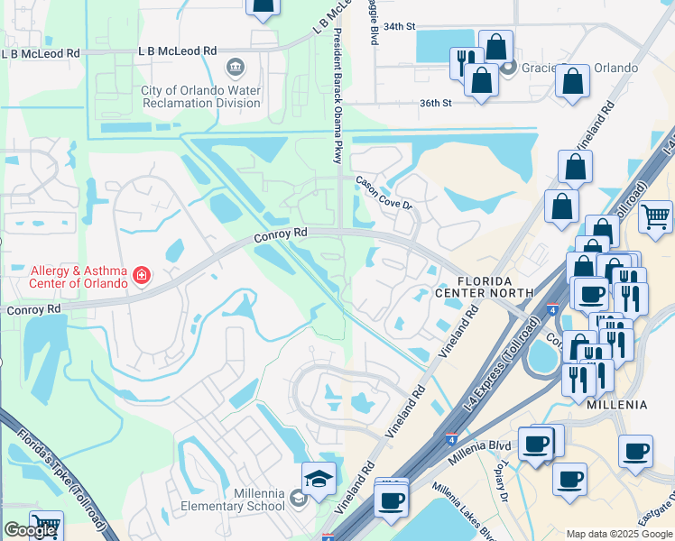 map of restaurants, bars, coffee shops, grocery stores, and more near 4801 Brighton Terrace in Orlando