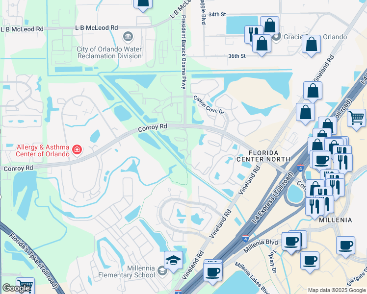 map of restaurants, bars, coffee shops, grocery stores, and more near 4805 Brighton Terrace in Orlando