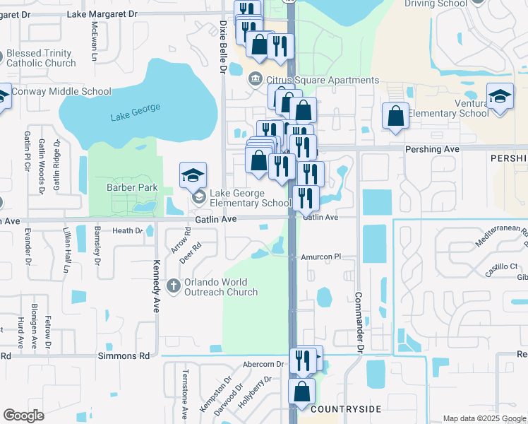 map of restaurants, bars, coffee shops, grocery stores, and more near 5601 Gatlin Avenue in Orlando