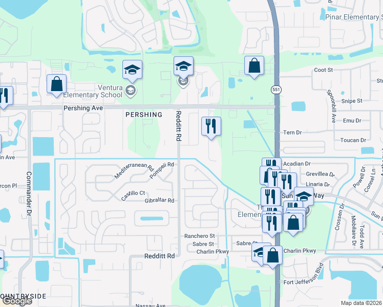 map of restaurants, bars, coffee shops, grocery stores, and more near 2893 Redditt Road in Orlando