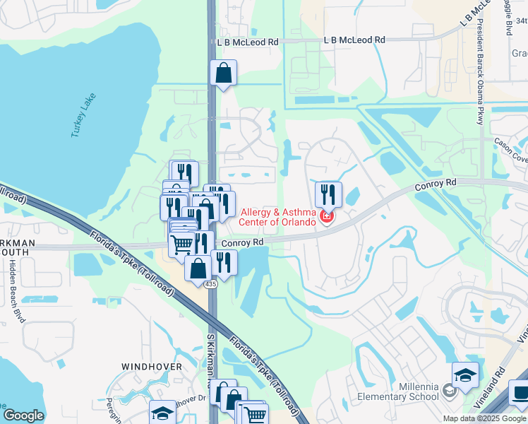 map of restaurants, bars, coffee shops, grocery stores, and more near 5527 Pine Creek Drive in Orlando