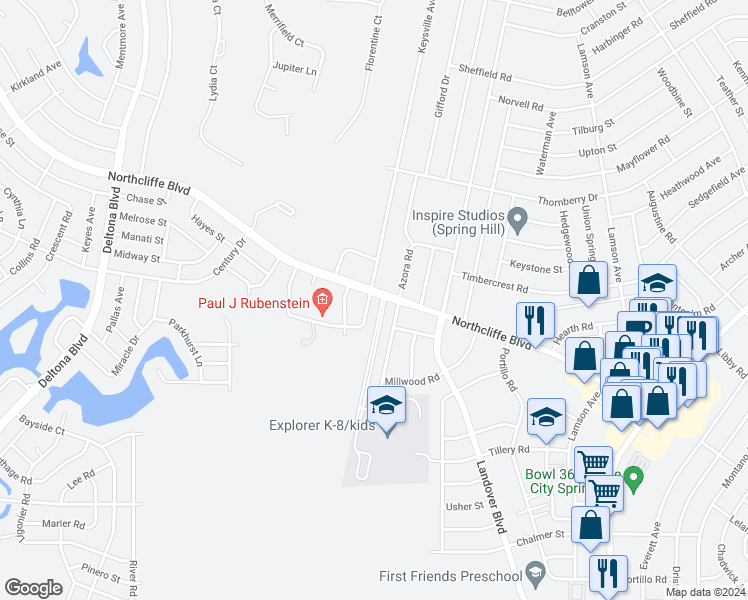 map of restaurants, bars, coffee shops, grocery stores, and more near 10252 Northcliffe Boulevard in Spring Hill