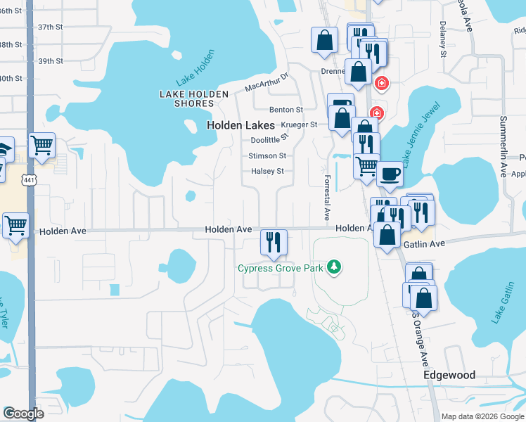 map of restaurants, bars, coffee shops, grocery stores, and more near 4601 Brandeis Avenue in Orlando