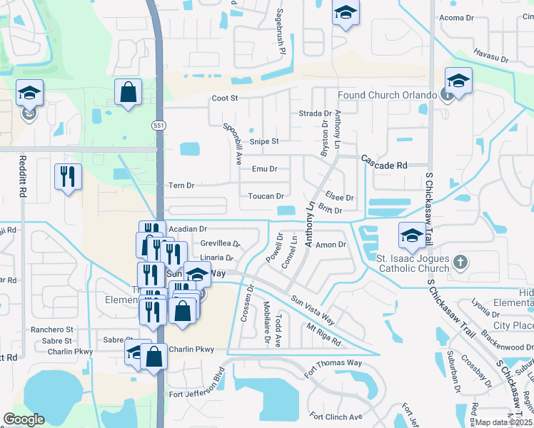 map of restaurants, bars, coffee shops, grocery stores, and more near 7800 Pine Hawk Ln in Orlando