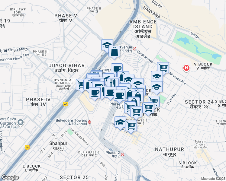 map of restaurants, bars, coffee shops, grocery stores, and more near in Gurugram