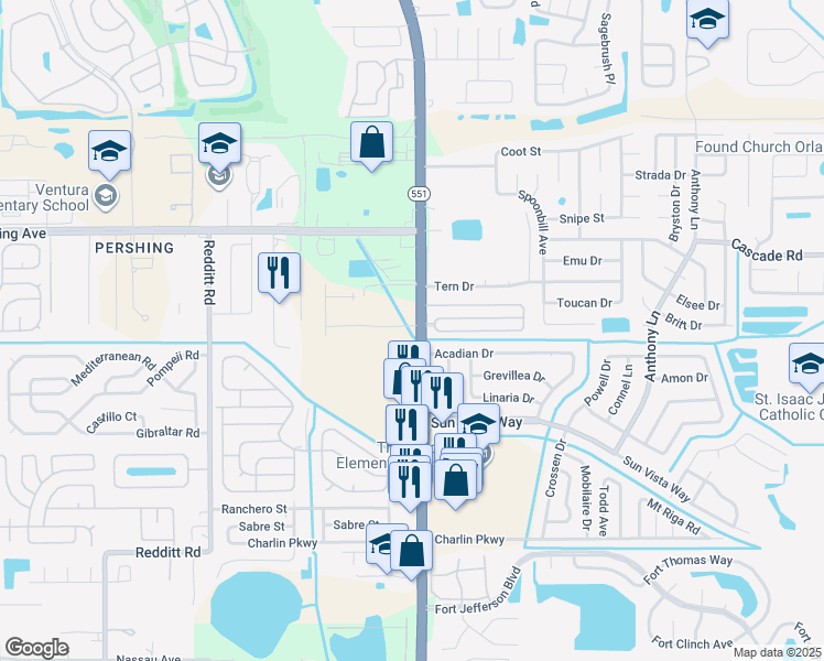 map of restaurants, bars, coffee shops, grocery stores, and more near 4324 Hibiscus Bloom Drive in Orlando