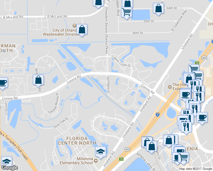 map of restaurants, bars, coffee shops, grocery stores, and more near 4801 Brighton Terrace in Orlando