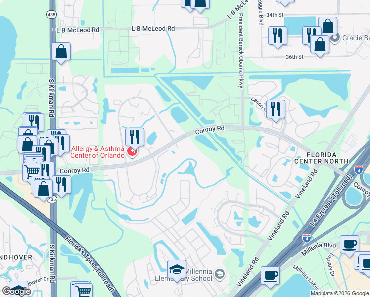 map of restaurants, bars, coffee shops, grocery stores, and more near 5112 Conroy Road in Orlando