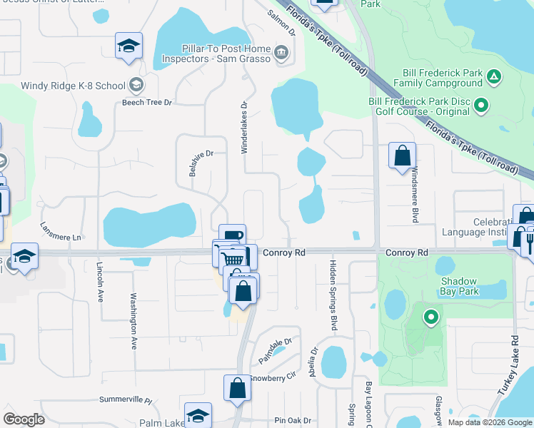 map of restaurants, bars, coffee shops, grocery stores, and more near 4433 Winderwood Circle in Orlando