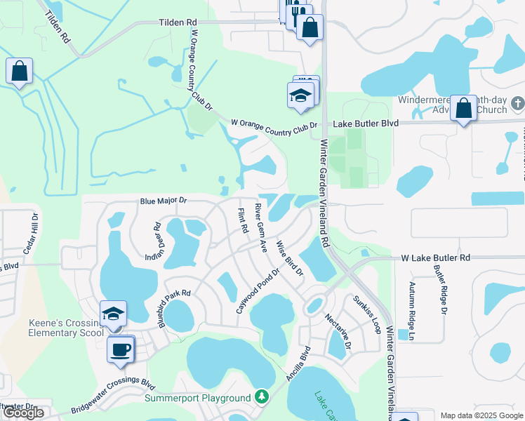 map of restaurants, bars, coffee shops, grocery stores, and more near 4739 River Gem Avenue in Windermere