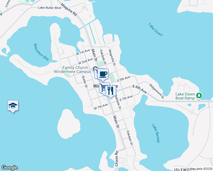 map of restaurants, bars, coffee shops, grocery stores, and more near 501 Main Street in Windermere