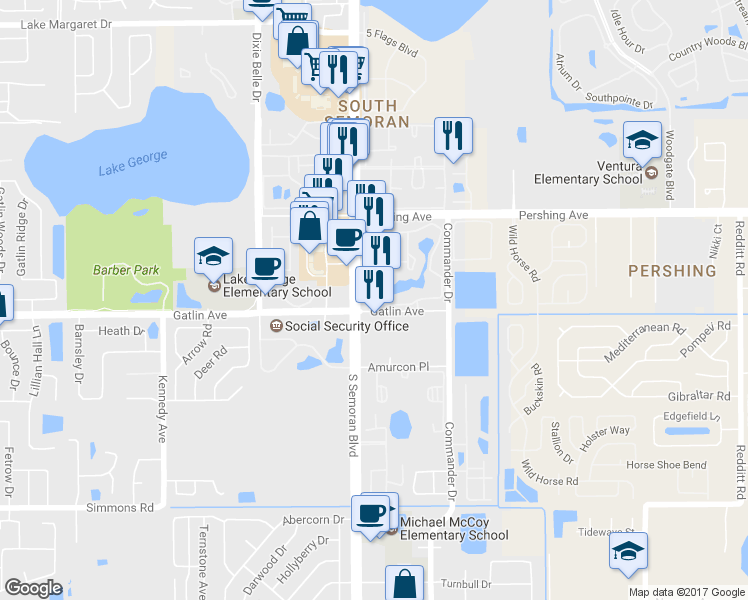 map of restaurants, bars, coffee shops, grocery stores, and more near 5725 Gatlin Avenue in Orlando